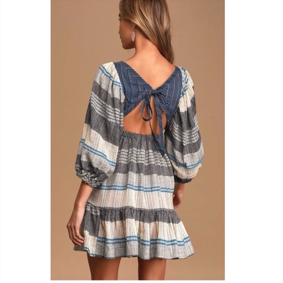 Free People All Lined Up Mini Dress XS Boho Cottagecore Prairie Puff Sleeve - Picture 3 of 8